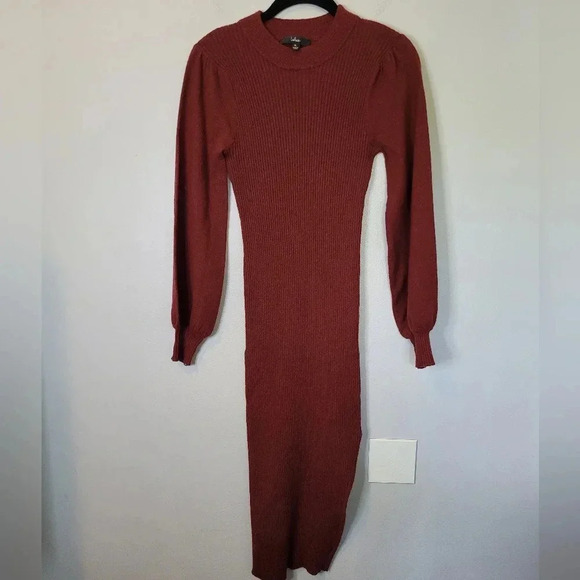 LULU'S ribbed knit puff balloon sleeves mock neck stretchy bodycon Midi Dress XL - Picture 3 of 12